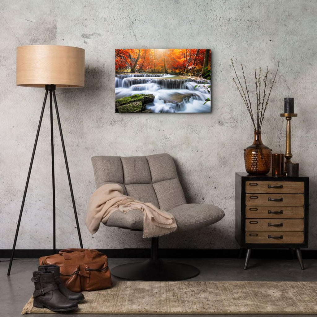 Fall Nature Sunset Wall Art Living Room Waterfall Mountains Picture Bedroom Bathroom Decor Autumn Maple Trees Scenery