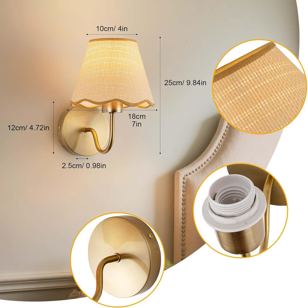Battery Operated Wall Sconce Set of 2, Gold Wall Lamps Rechargeable Bulbs for Living Room, Rattan Shade Wireless Wall