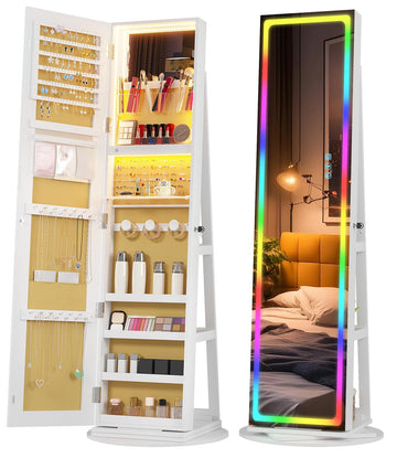 Mirror Jewelry Cabinet Standing with RGB Lights, 360° Swivel, Lockable