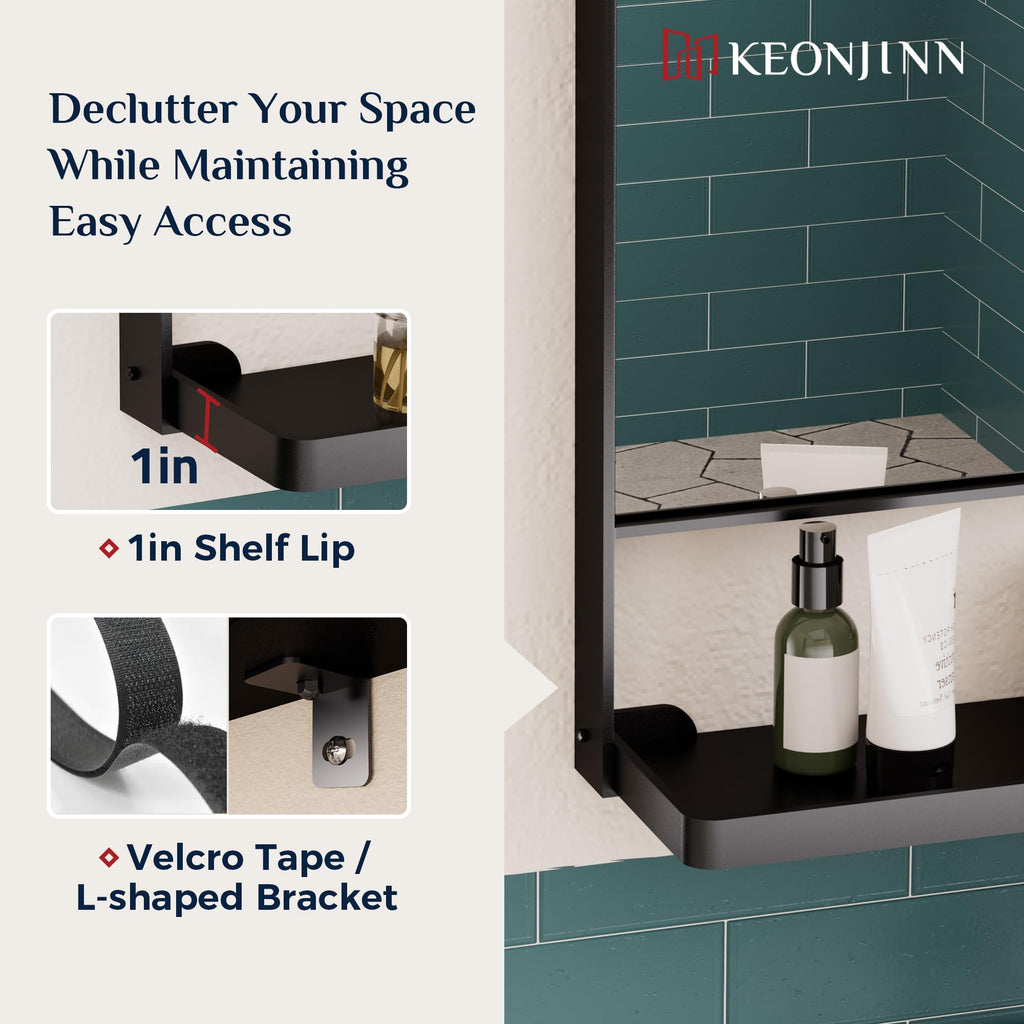 24 x 32 in Black Bathroom Mirror with Shelf, Rounded Corner