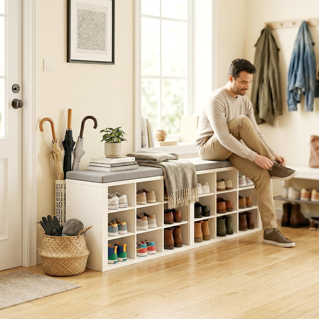 Shoe Rack Bench, Shoe Storage Bench with Cushion, Shoe Organizer 18 Cubbies Hallway Bedroom Living Room, Holds Up to