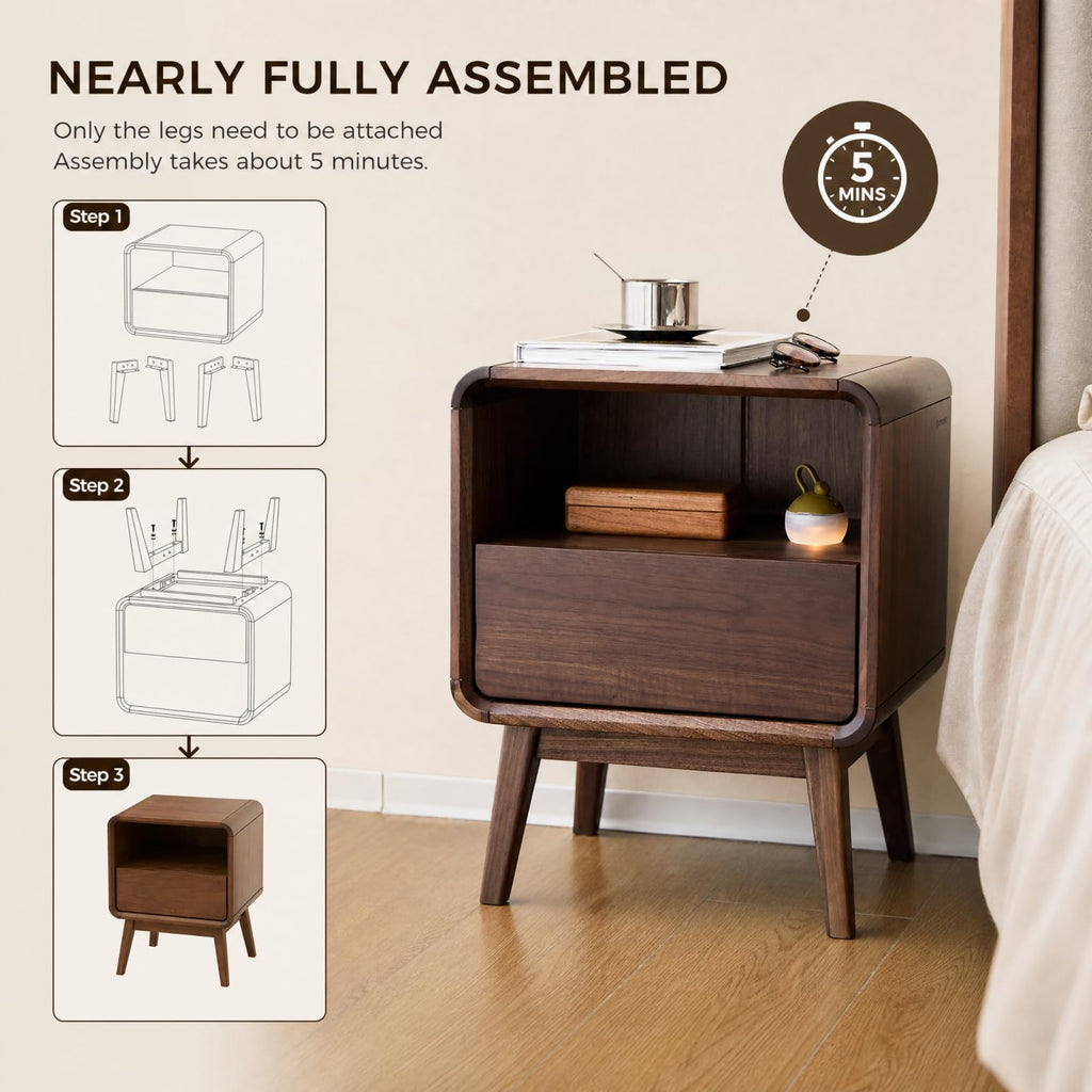 100% Solid Wood Nightstand, Walnut Night Stand with Drawer and Open Shelf, Mid Century Nightstand, Wooden