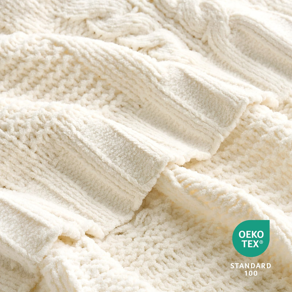 Chenille Knit Throw Blanket, Cream White 50"x60"