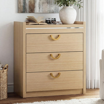 3 Drawer Dresser, 30.31" Tall Closet Chest Dressers Storage with Drawers, Gold Curved Handle & Raised Edge Design