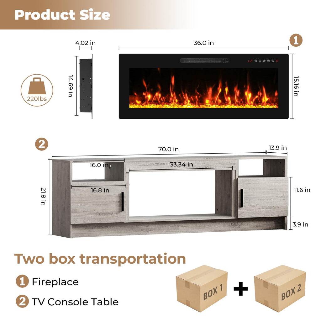 70" Fireplace TV Stand for TVs Up to 80", LED Light Media Console with 36" Electric Heater, Storage Cabinet