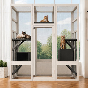 70" Large Catio Cat Enclosure, Wooden Patio Cat House, Gray