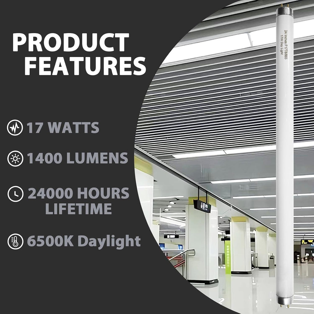 24 Inch F17T8/865 Fluorescent Bulb Daylight 6500K, 17 Watt T8 Light Bulb, 2 Foot Fluorescent Light Bulb, 1460 lumens