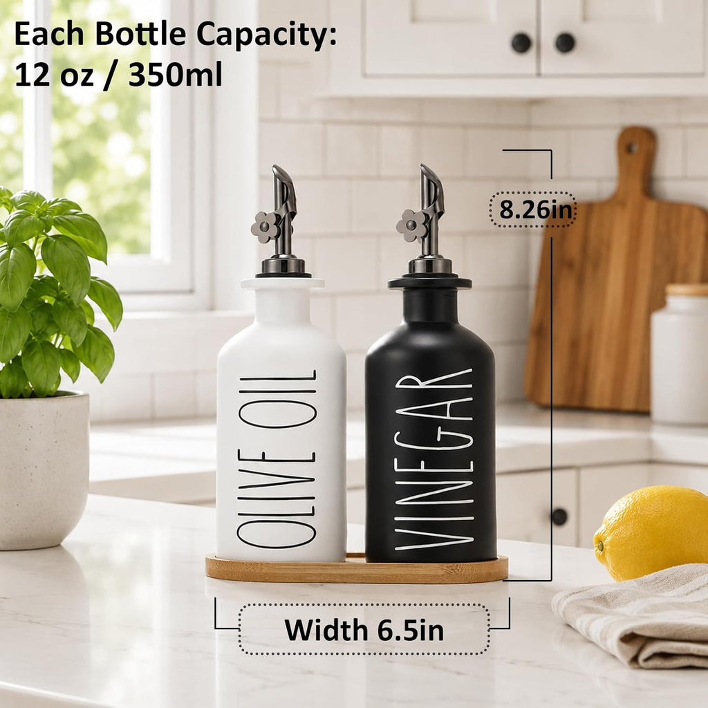 Premium Olive Oil Dispenser, 11.8oz Glass Oil Bottles with Bamboo Tray, Oil&Vinegar Cruet Set, Kitchen Dispenser - Set of 2