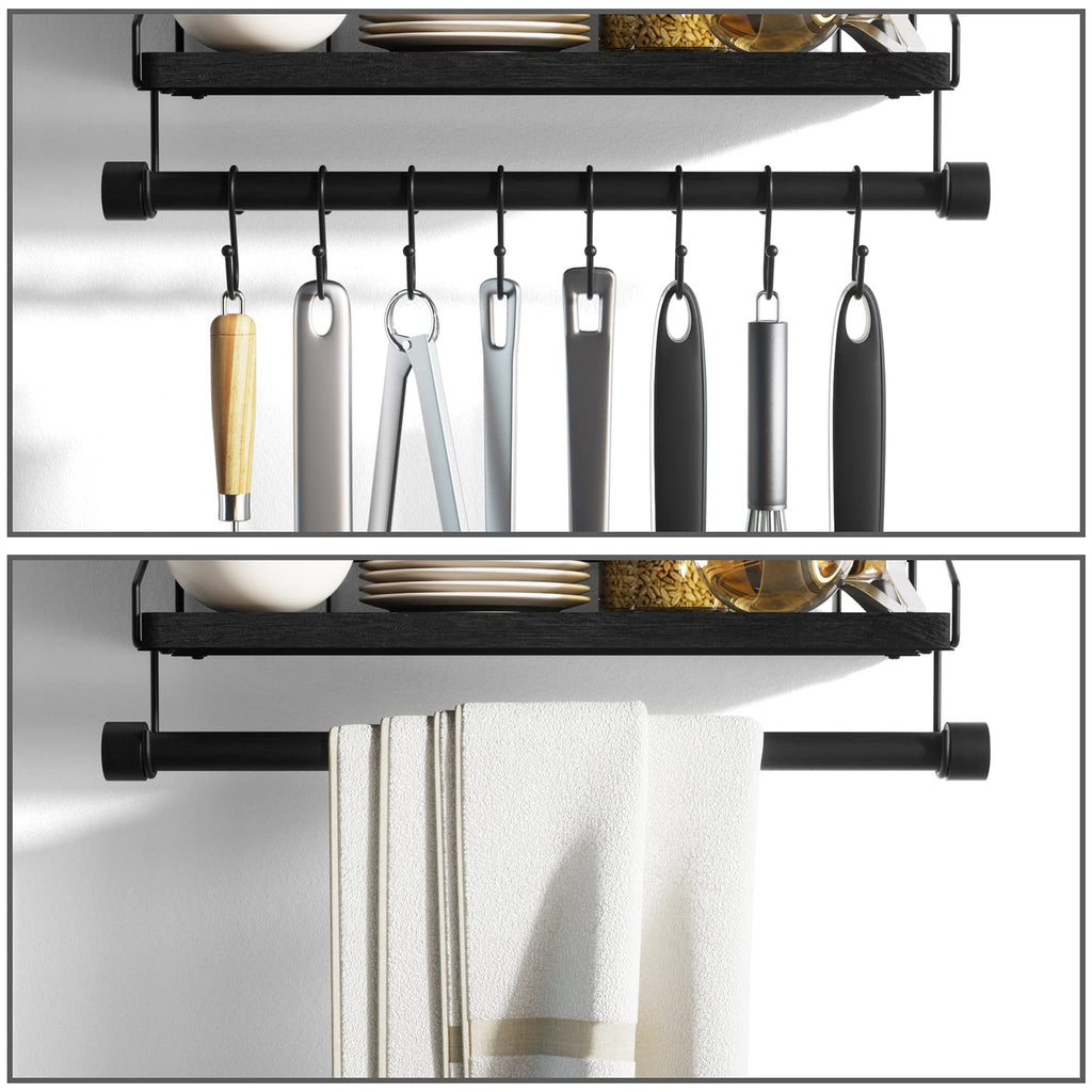 Floating Shelf for Wall with Wooden Towel Bar, Black