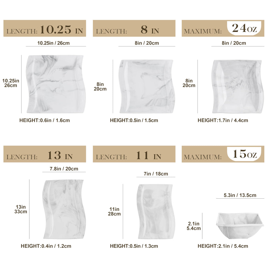 26-Piece Marble Grey Square Dinnerware Sets, Flora Porcelain Dinner Set for 6, Service for 6, Microwave & Dishwasher