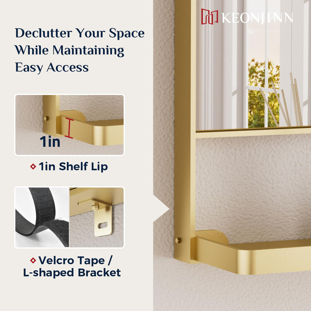 18" x 28" Gold Bathroom Mirror with Shelf, Rounded Corner