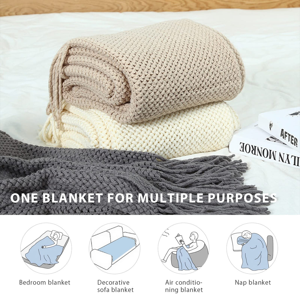 Knitted Throw Blanket with Tassel Breathable Cellular Blanket Nordic Style Soft Cozy Couch Cover Decorative Blanket