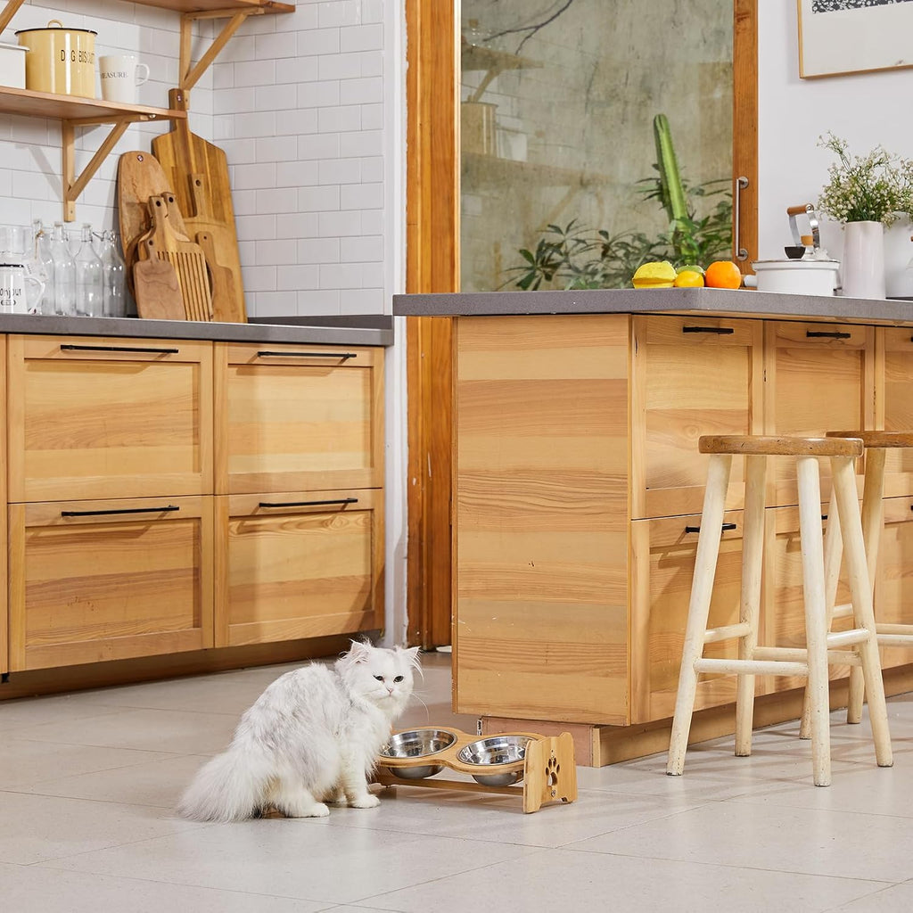 Elevated Dog Bowls for Cats and Dogs, Adjustable Bamboo Raised Dog Bowls for Small Dog, Food and Water Set Stand