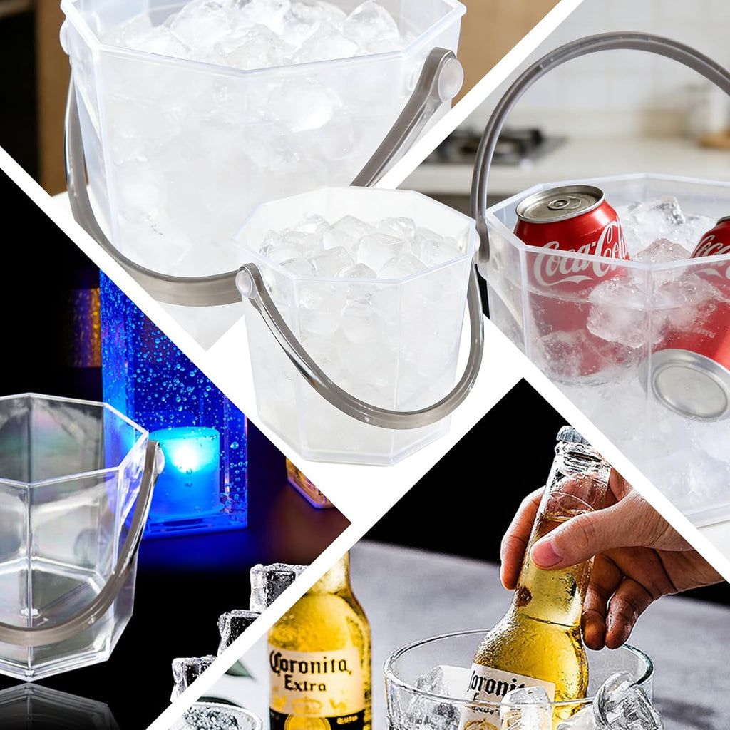 Crystal Ice Bucket with Handle & Tongs-1.1 L Plastic Clear Champagne Ice Buckets for Parties, Beer, Wine, Drinks - Set of 2