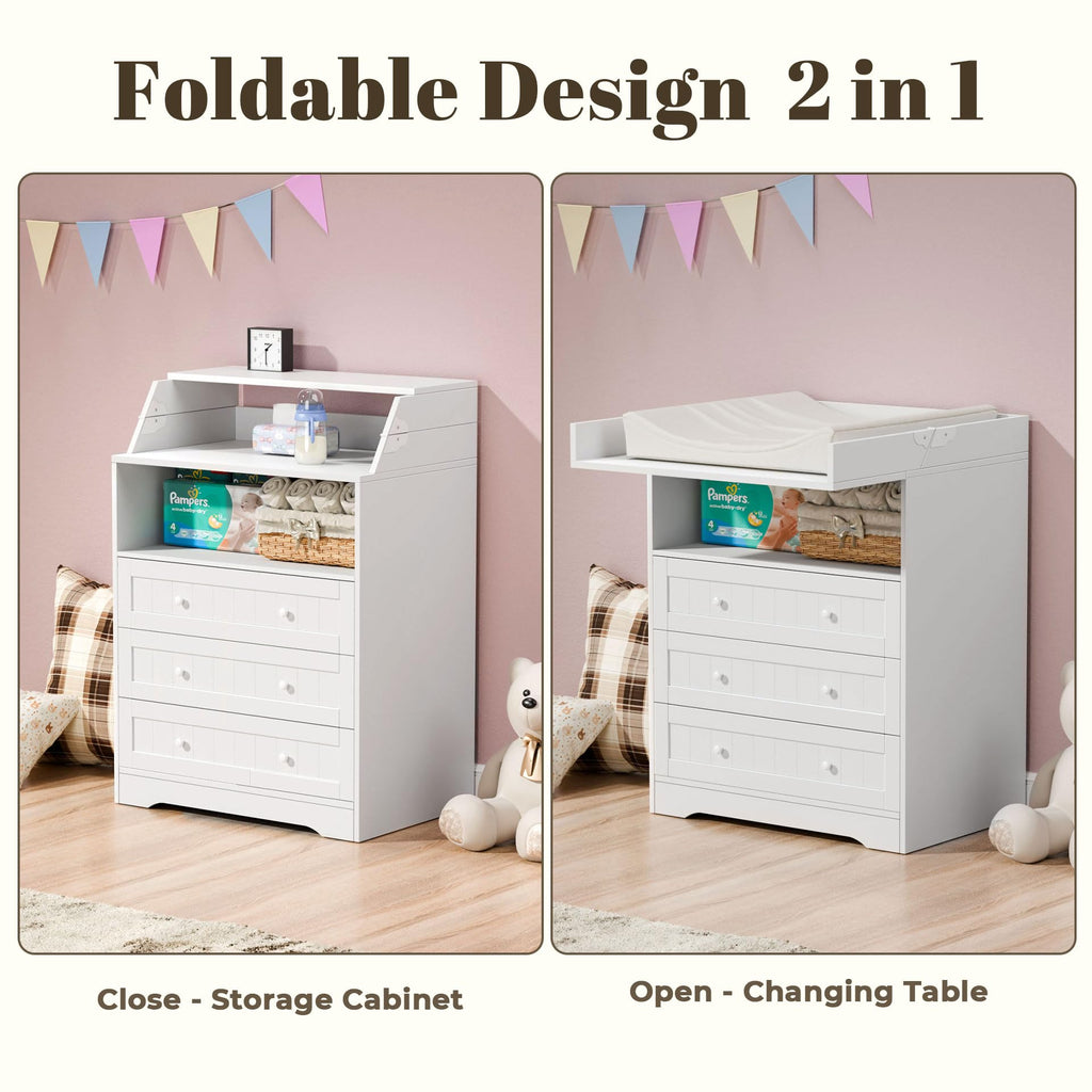 Baby Changing Table with Foldable Tabletop, White Baby Dresser with 3 Drawer