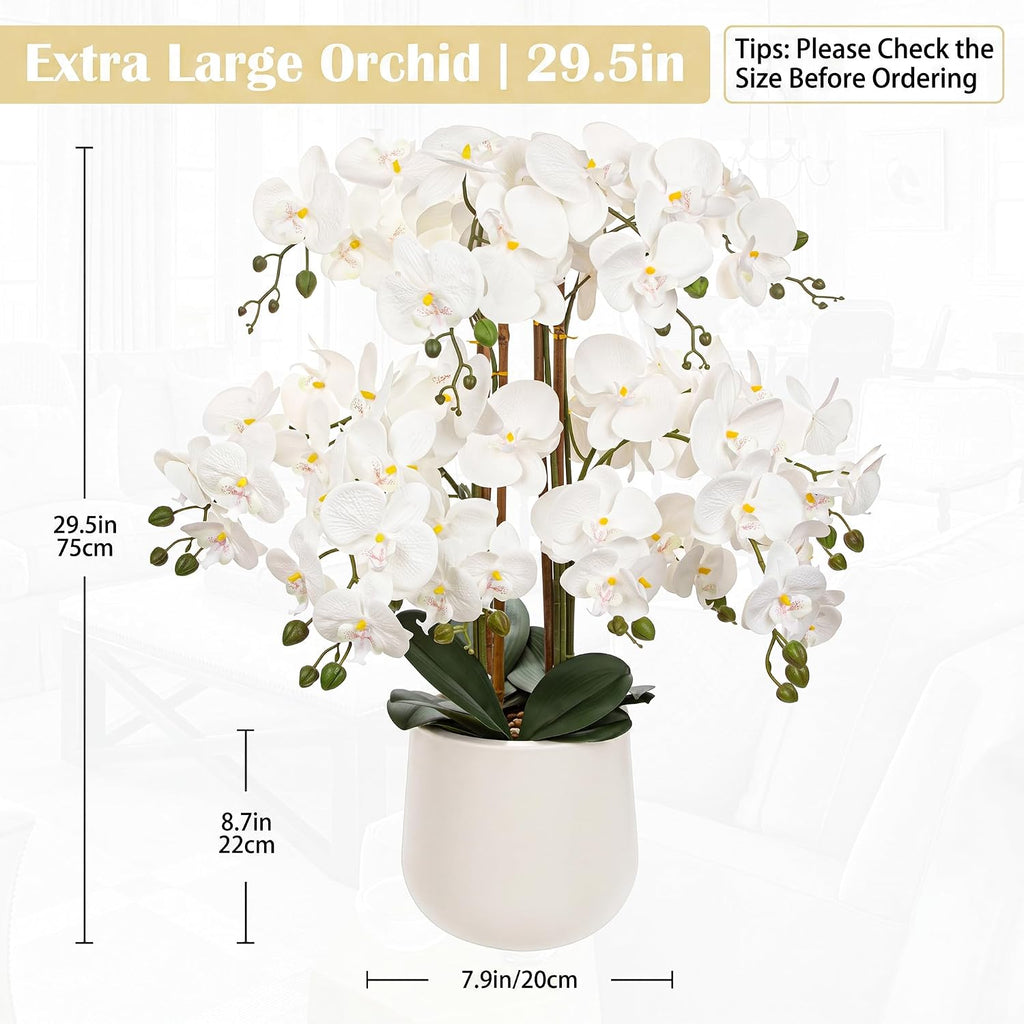 Extra Large White Orchid Artificial Flowers in Cream Resin Pot, 29.5in Lifelike Silk Orchid Arrangement Faux