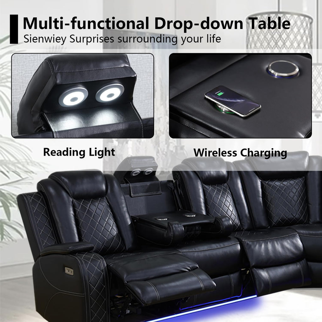 Black Leather Power Reclining Sectional Sofa, Sectional Couch with Recliner, L Shaped Recliner Sofa with LED Light/Read