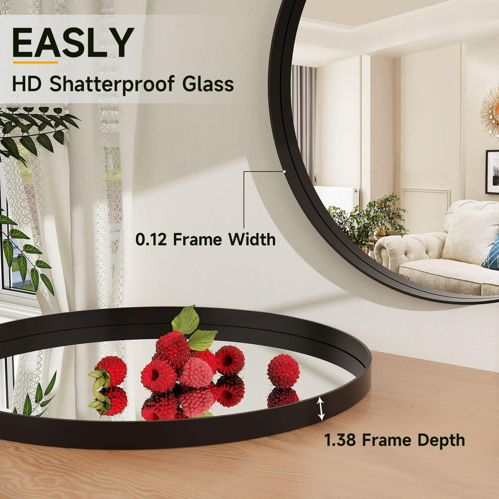 30 Inch Round Bathroom Mirror - Wall Mounted Circle Mirror with Metal Frame, Modern Mirror Suitable, Vanity