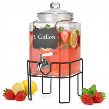 Drink Dispenser, Drink Dispensers for Parties, 1 Gallon Glass Beverage Dispenser with Stand and Glass Lid, 100%