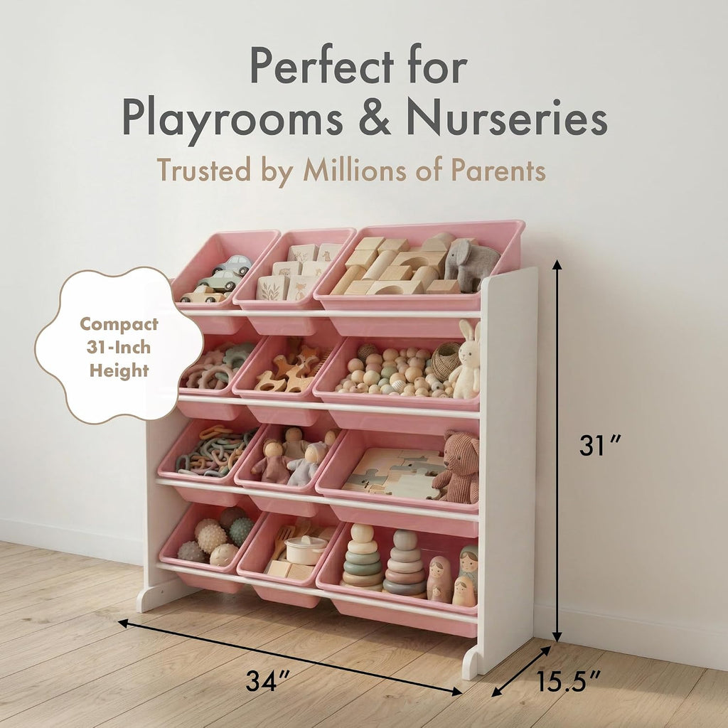 Kids Toy Organizer with 12 Bins, 4 Tier Storage | Sturdy wood and steel toddler shelf, removable BPA-free containers
