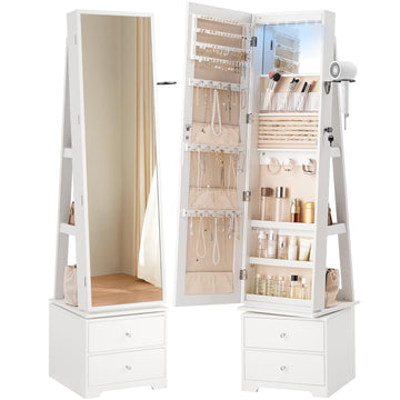 360° Swivel Jewelry Cabinet with LED Lights, Standing Jewelry Armoire with 2 Drawers, Rotatable Full-Length Mirror