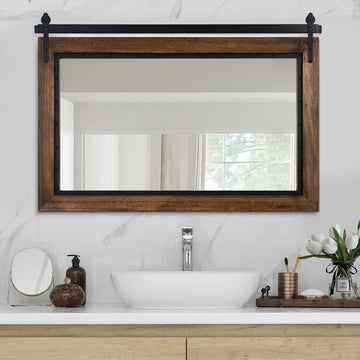 Farmhouse Barn Door Mirror, 40"x26" Rustic Bathroom Mirrors, Wood Frame Wall Mounted-Mirror, Bedroom Entryway Wall