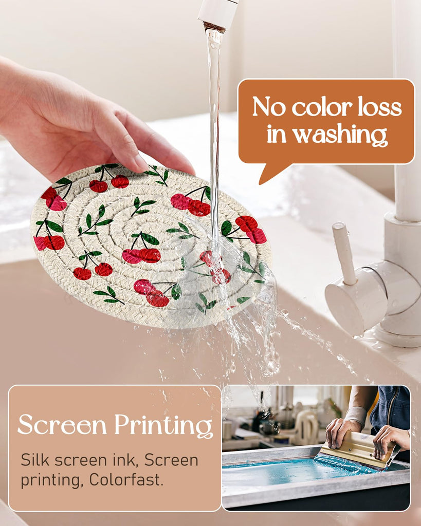 Absorbent Cup Coasters Set of 6 with Holder, Cherry