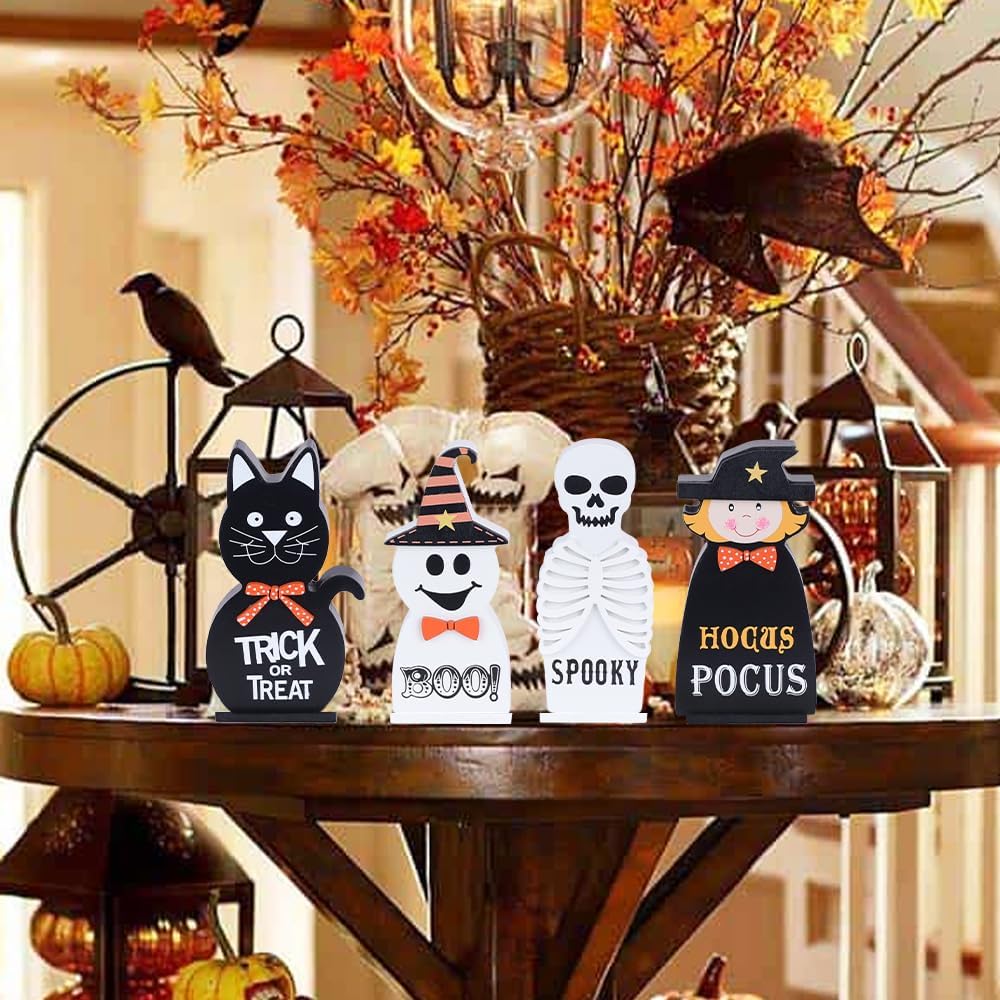 Halloween Decorations Indoor, Wood Blocks Halloween Table Decor, Ghost Black Cat Skull Witch Gothic Tabletop - Set of 4