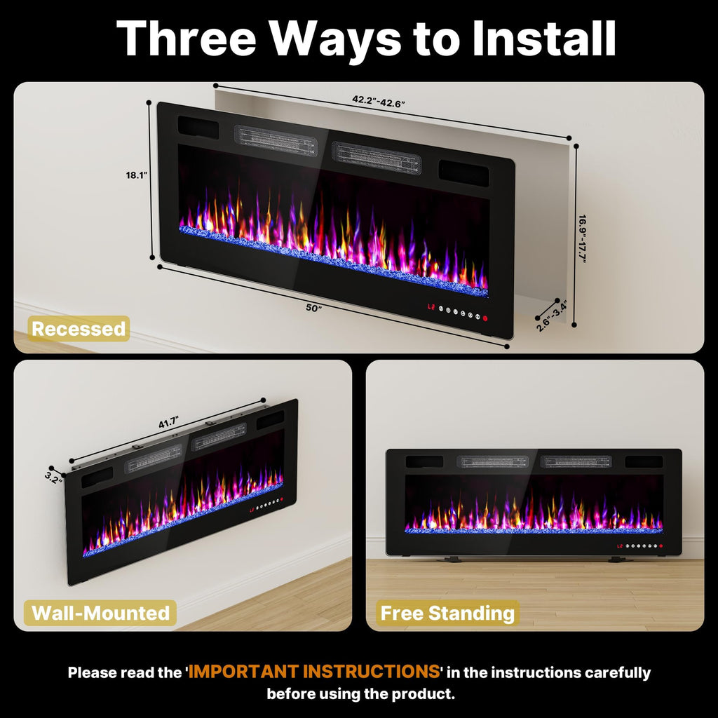 50" Electric Fireplace Recessed Wall Mounted, Ultra Thin Linear Fireplace Inserts, 12 Flame Colors, Timer, Remote &