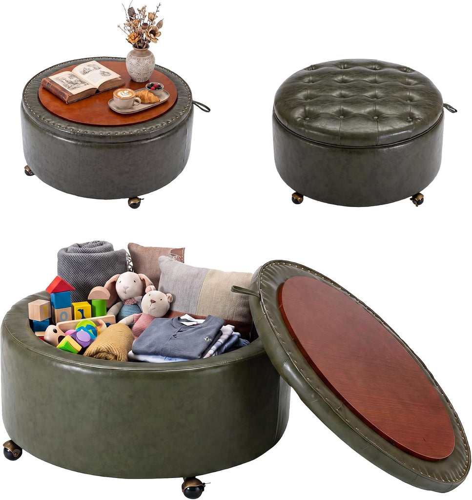 29" Large Round Storage Ottoman with Tray , Green | Ottoman with Tray & Wheels, Round Coffee Table, Footrest Stool