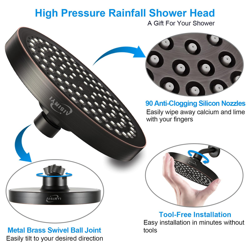 6" High Pressure Rain Shower Head, Luxury Oil Rubbed Bronze Finish