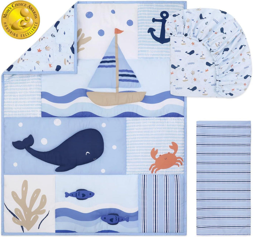 3 Piece Nautical Patch Baby Crib Bedding Set Boy, Baby Blanket Quilt, Fitted Crib Sheets for Boys, Navy & Blue