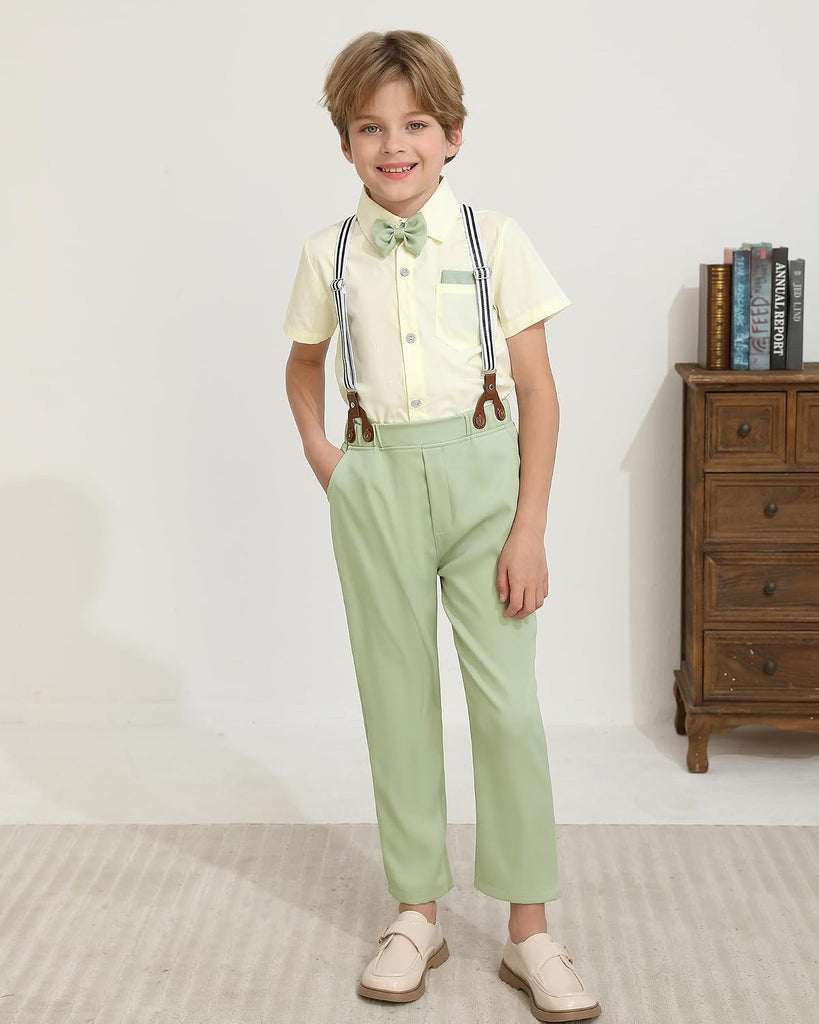 Toddler Boy Clothes Suit Wedding Outfit Boys Dress Shirt+Bowtie+Suspender Pants, Kids Gentleman Formal Set