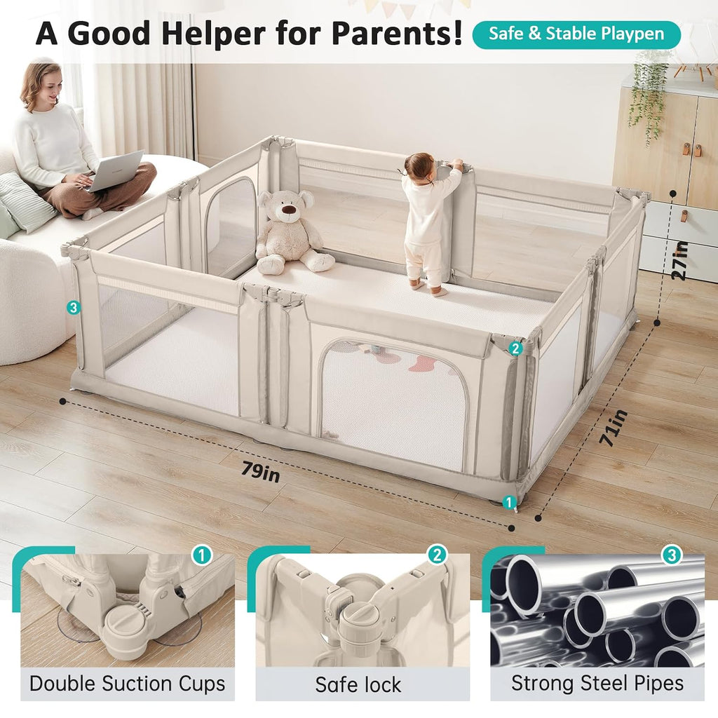 Doradotey Adjustable Baby Playpen with Adult Door, Foldable Large Playpen for Babies and Toddlers, Breathable Mesh