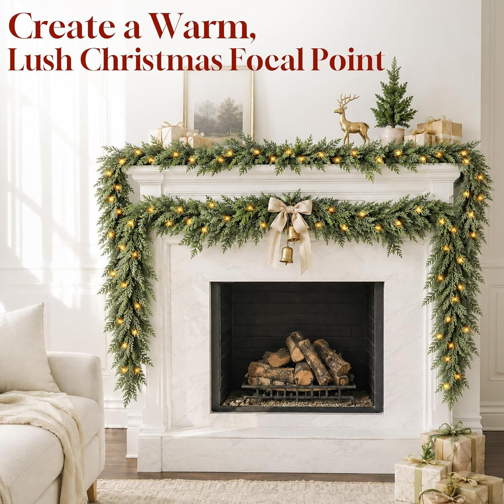 9FT Christmas Cedar Garland with Lights, Artificial Pine Greenery Decor