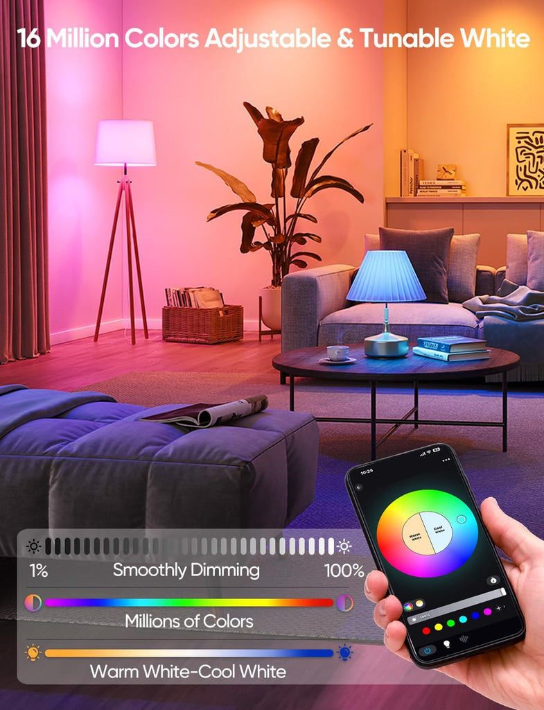 Smart A19 LED Light Bulbs, 60W Equivalent 800LM Color Changing E26 9W Bluetooth Light Bulbs with Remote Control, 16