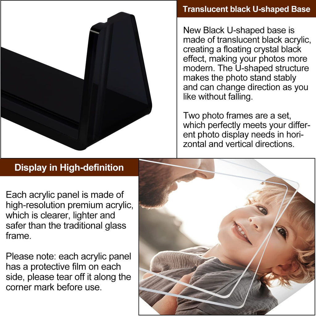 2 Pack Acrylic Picture Frames 4x6 with Translucent Black Base Stand, Frameless Photo Frame for Tabletop or Desktop