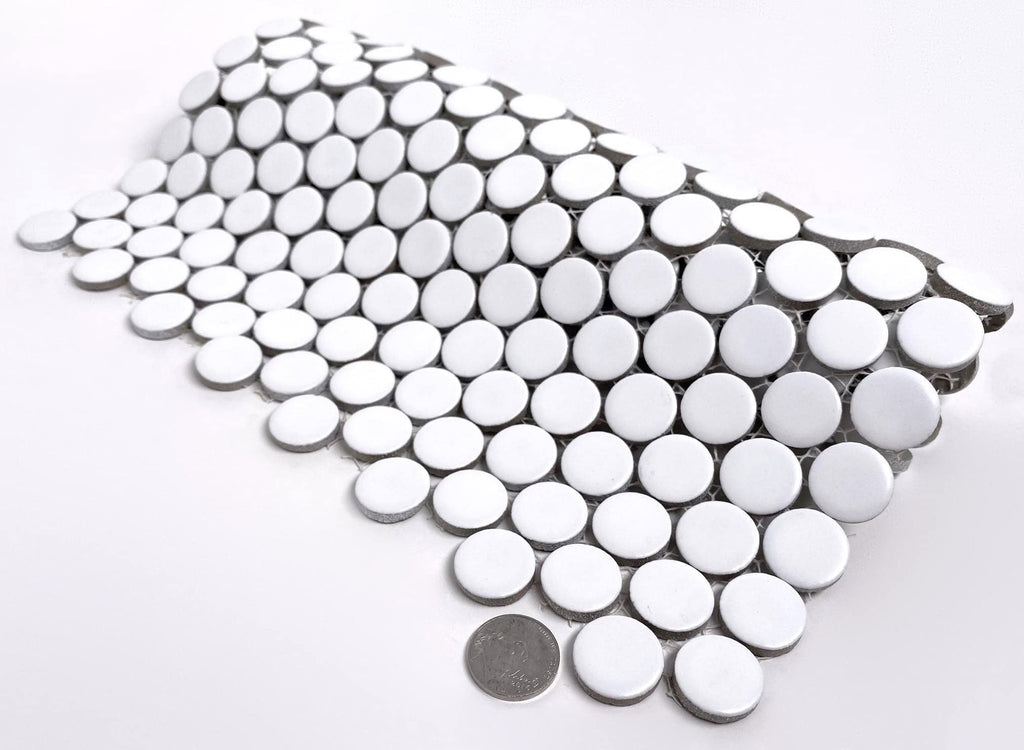 Arctic White Penny Round Porcelain Mosaic Tile - Matte Finish Floor, Kitchen Backsplash, Accent Walls, Shower