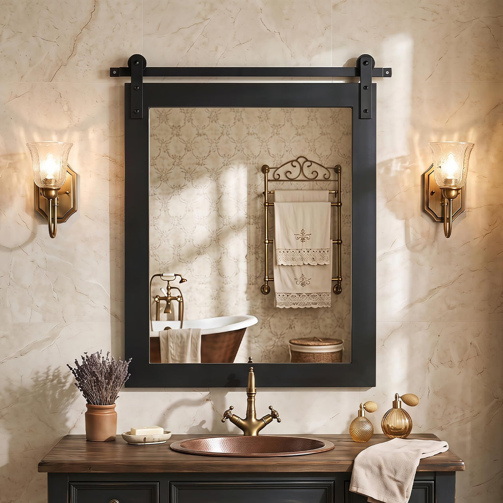 Farmhouse Barn Door Wall Mirror, 29"x23", Black