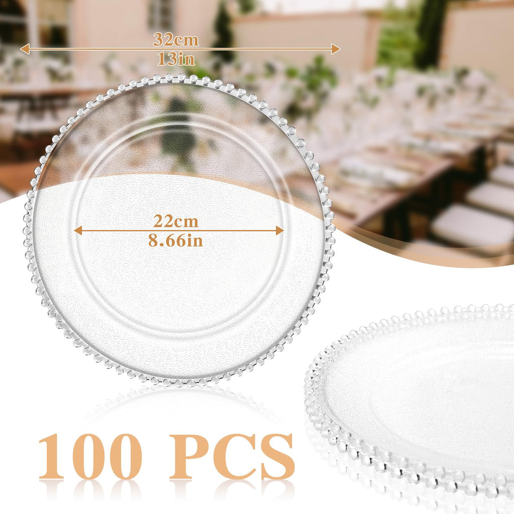 100 Pack Clear Charger Plates 13" Beaded Round, Clear, Beads