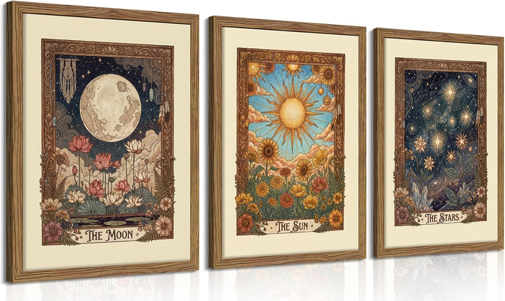 Tarot Card Wall Art Set of 3, Boho Floral Moon and Stars Canvas Wall Decor Painting, Vintage Sun And Moon Celestial