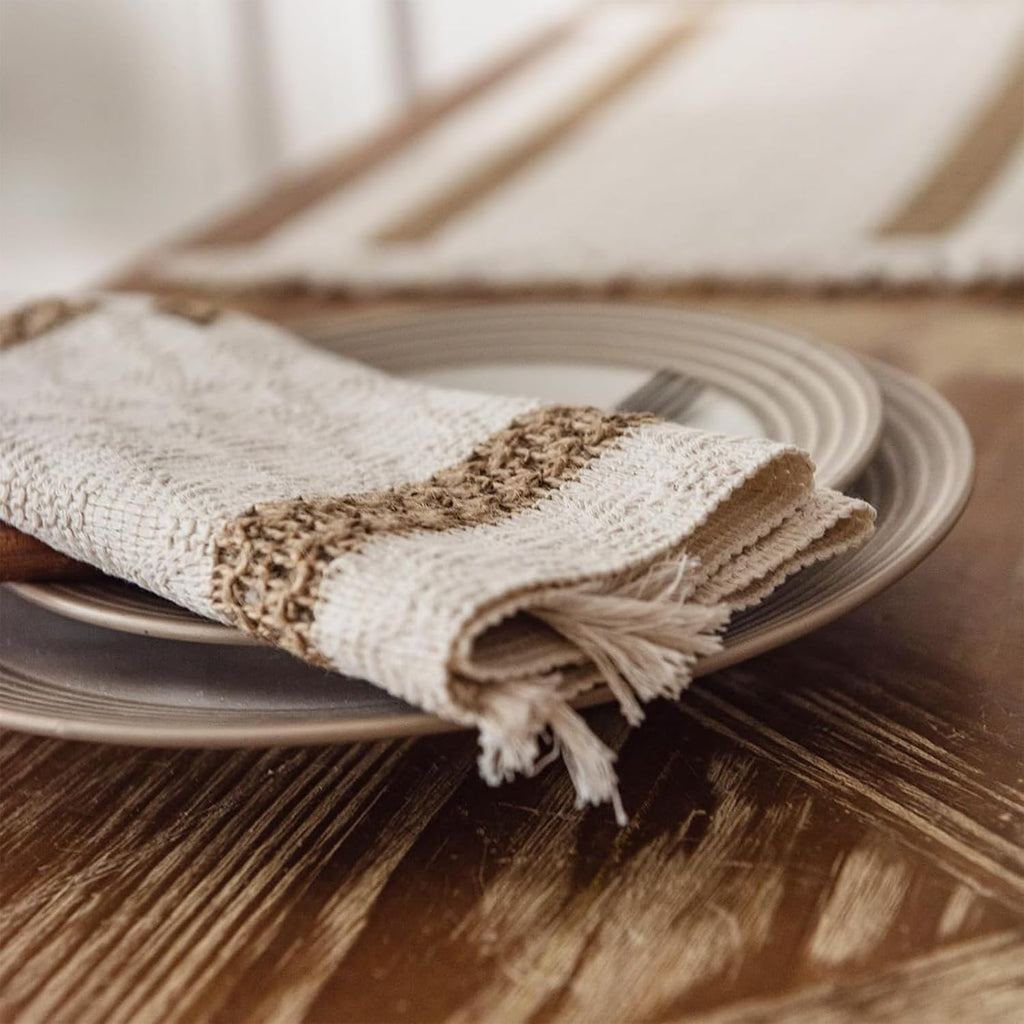 Boho Placemats, 12x18 Inch Natural Cotton Burlap and Kitchen Woven Placemats with Tassels for Dining Table - Set of 6