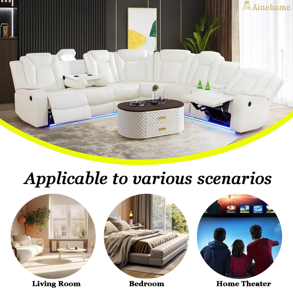 Power Recliner Sofa Set Sectional Couches with LED Light, Leather Reclining Corner Sectional Sofa Set with 2