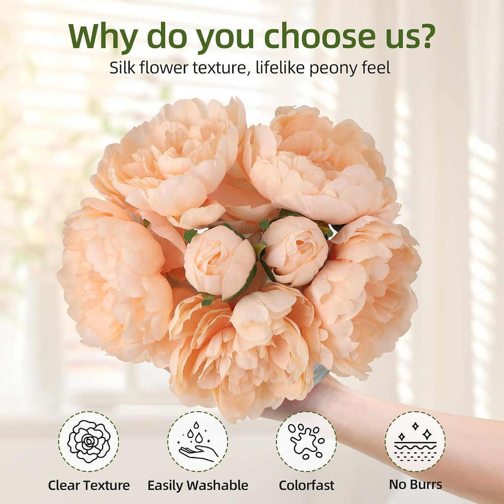 Real Touch Artificial Peonies in Glass Vase, 6 Stems Faux Flowers with Faux Water, Silk Peony Arrangements - Set of 7