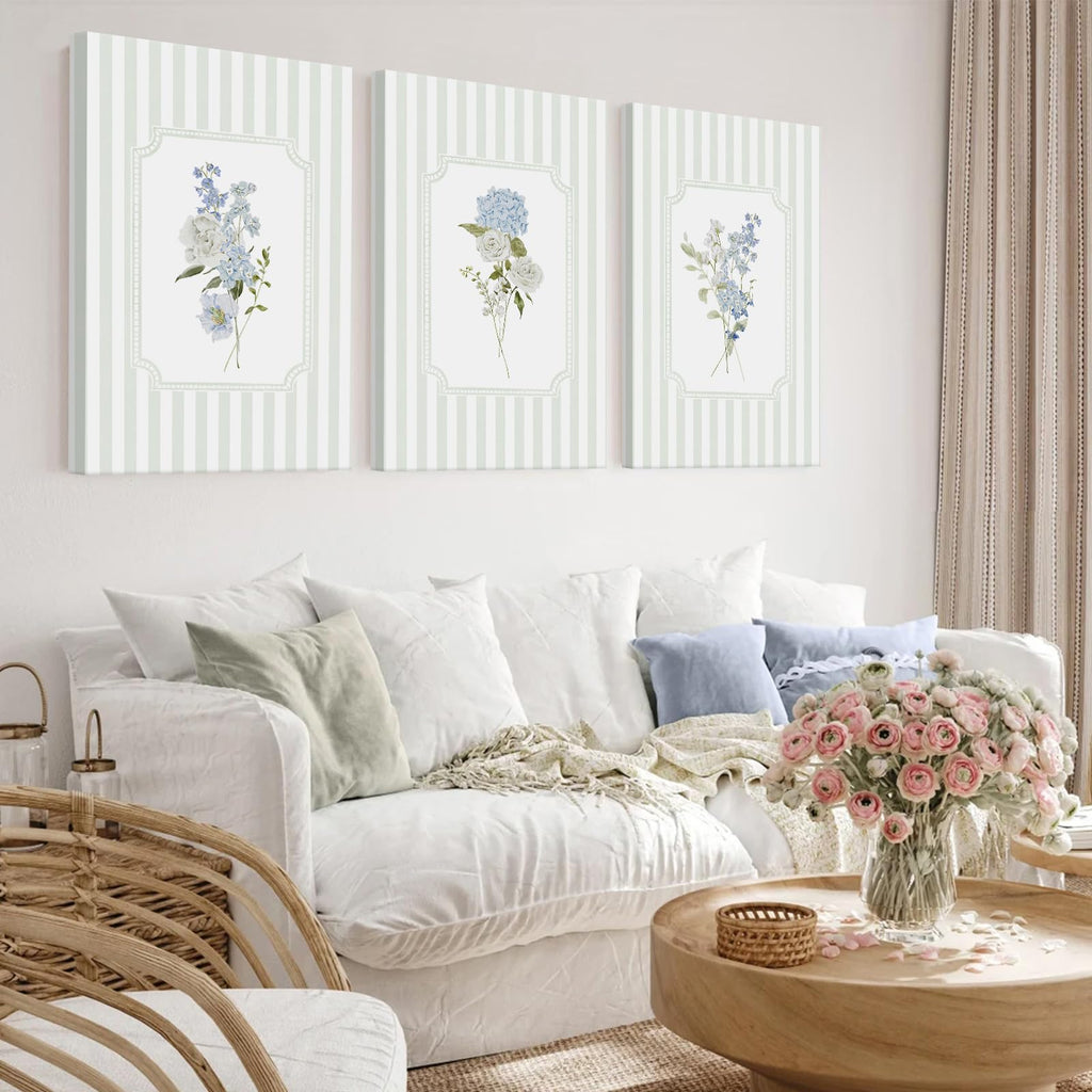 Blue Hydrangea Wall Art Floral Canvas Prints Sage Green Striped Wall Decor Botanical Pictures Chinoiserie Flower