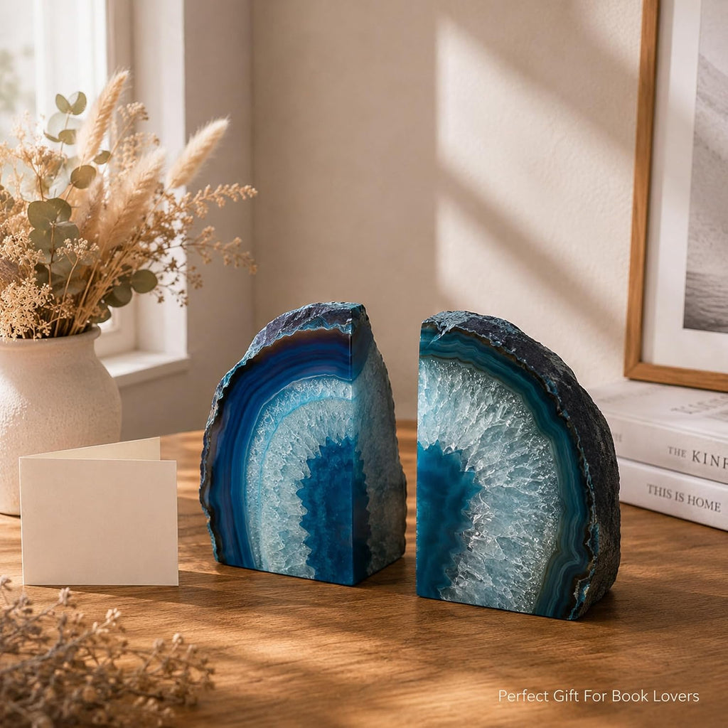 Teal Agate Bookends, Decorative Sturdy Book Ends for Study Shelf | 4-6 Lbs Color-Enhanced Teal, Brazilian Agate