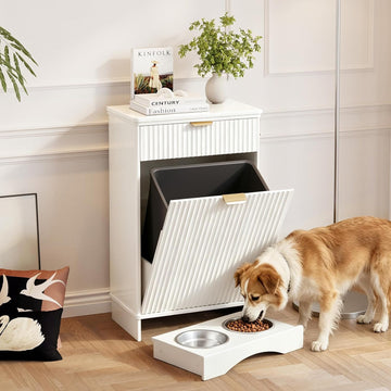 10 Gal Trash Cabinet with Pet Feeding Station, Tilt-Out Hidden Bin, White