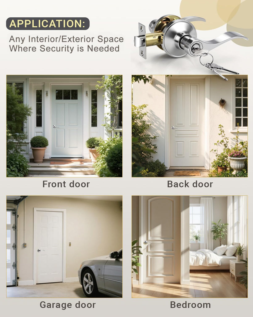 4 Pack Door Handle with Lock and Key, Keyed Alike Polished Chrome Door Knob for Front Entrance/Bedroom, Reversible