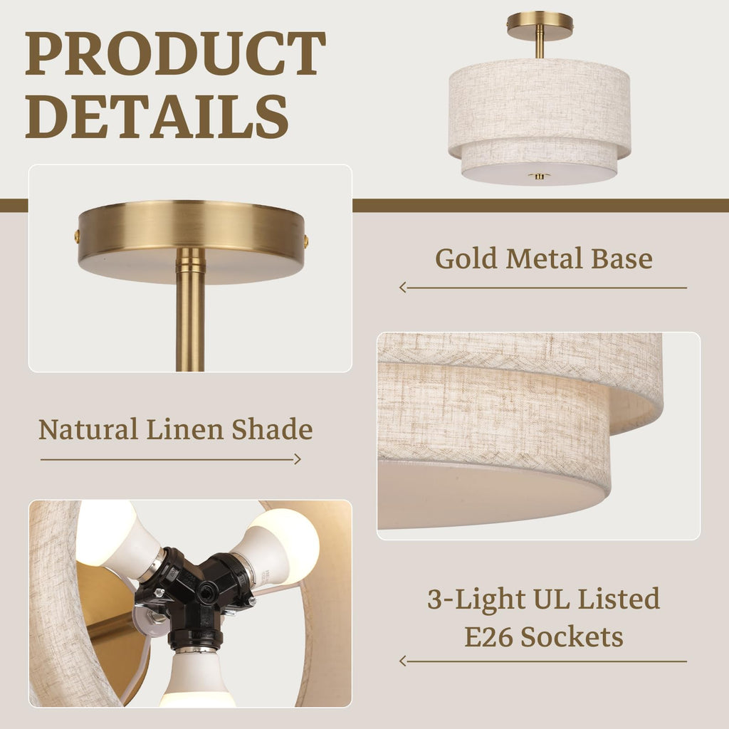 Semi Flush Mount Ceiling Light Fixture, 12.6'' Gold Light Fixtures Ceiling Mount, Modern Close to Ceiling Light with