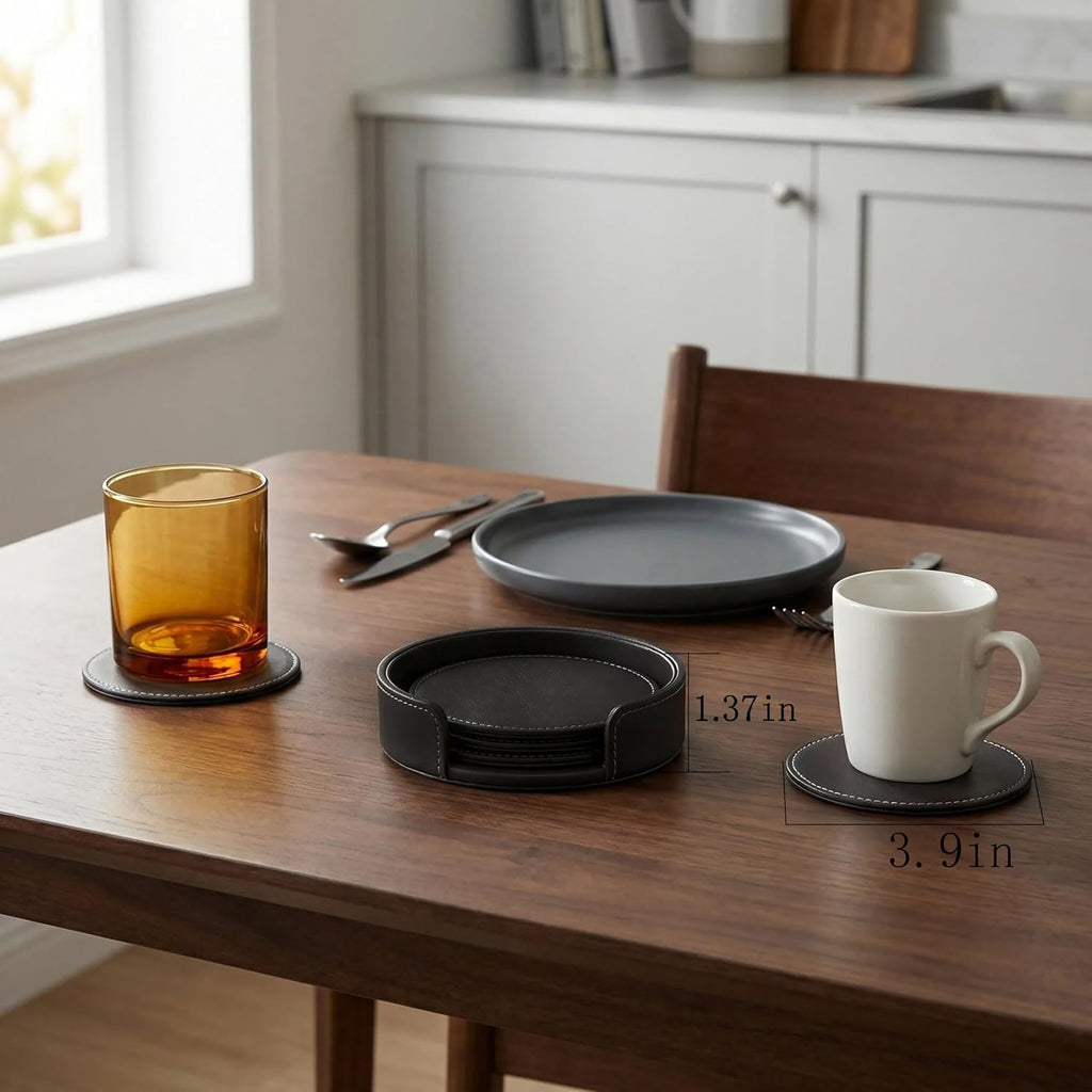 PU Leather Black Bar Drink Coasters with Non-Slip Design - Set of 6